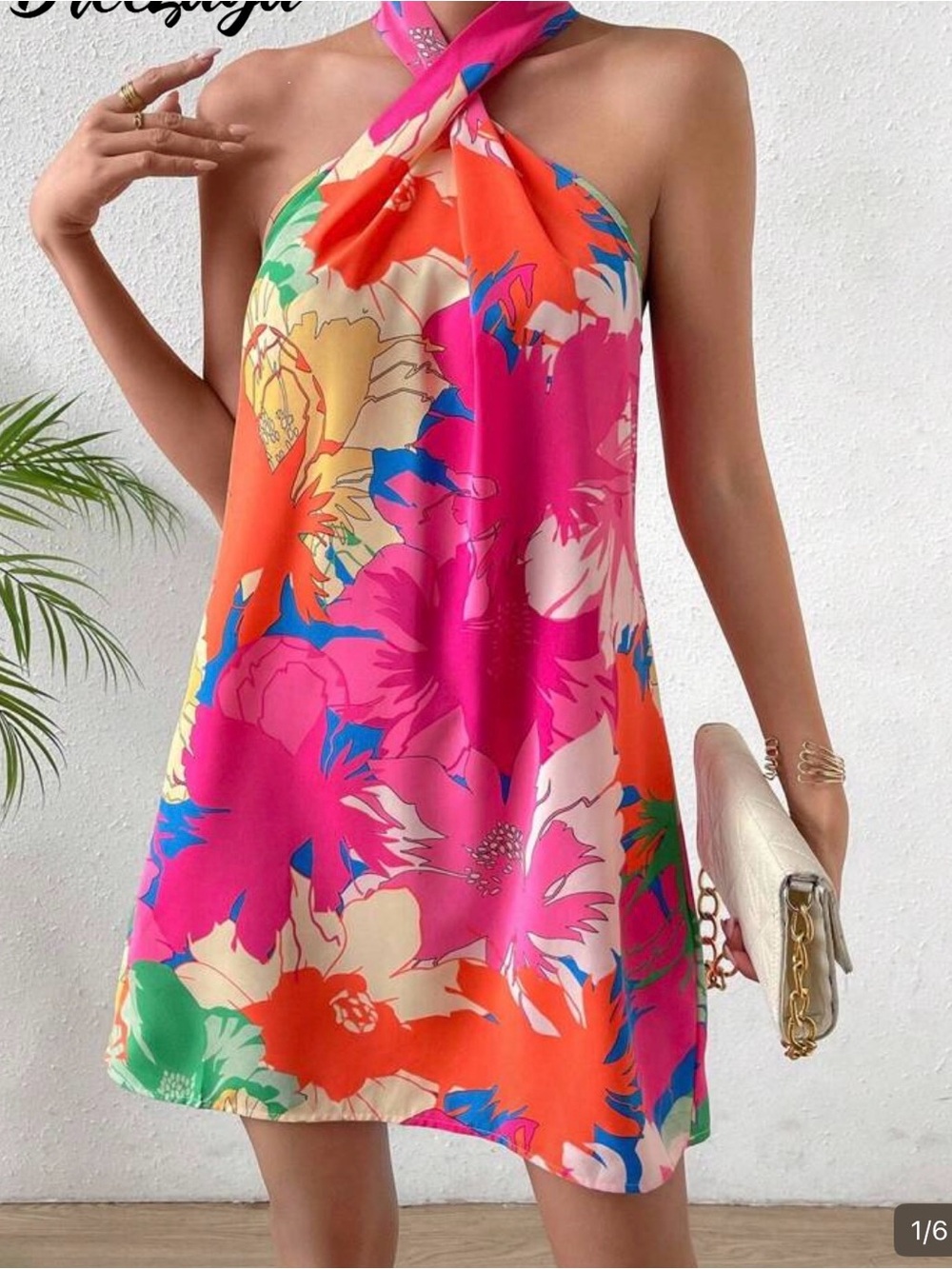 Bright Floral Halter Mini Dress in Pink & Orange Sz L